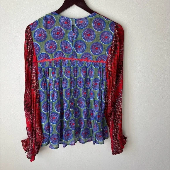 Bl-nk London Miranda Peasant Blouse Red & Green Medallion Anthropologie Size XS - Picture 5 of 7